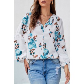 Green Ballon Sleeve Floral Shirt Top