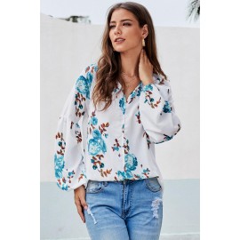 Green Ballon Sleeve Floral Shirt Top