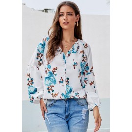 Green Ballon Sleeve Floral Shirt Top