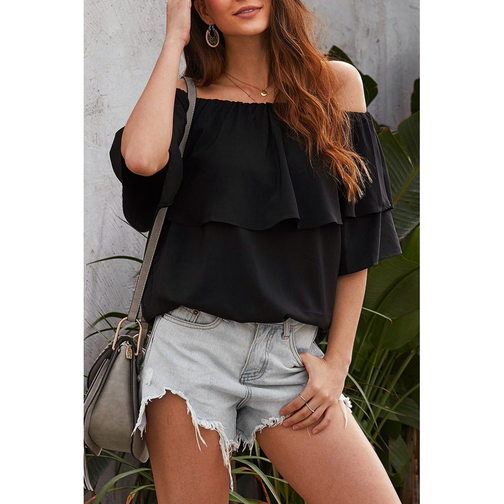 Black Soft Breeze Frilling Off-shoulder Top