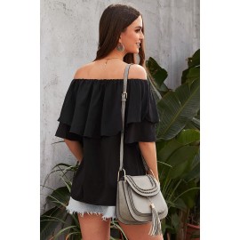 Black Soft Breeze Frilling Off-shoulder Top