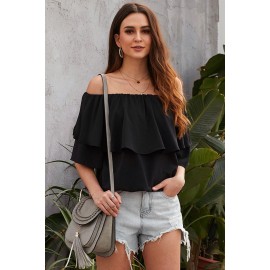 Black Soft Breeze Frilling Off-shoulder Top