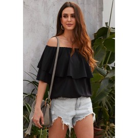 Black Soft Breeze Frilling Off-shoulder Top