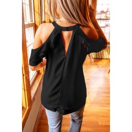 Black Ruffled Cold Shoulder Blouse