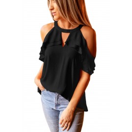 Black Ruffled Cold Shoulder Blouse