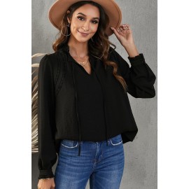 Black Lace Patchwork Ruffled Long Sleeve Blouse