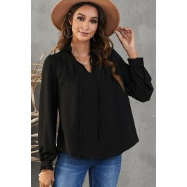 Black Lace Patchwork Ruffled Long Sleeve Blouse