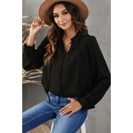 Black Lace Patchwork Ruffled Long Sleeve Blouse