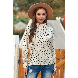 Beige Mock Neck Lantern Sleeve Fashion Print Blouse