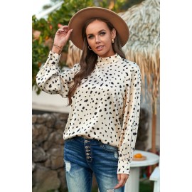 Beige Mock Neck Lantern Sleeve Fashion Print Blouse