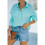 Green Loose Long Sleeve Buttoned Shirt with Pocket