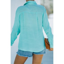 Green Loose Long Sleeve Buttoned Shirt with Pocket