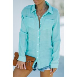 Green Loose Long Sleeve Buttoned Shirt with Pocket