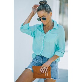 Green Loose Long Sleeve Buttoned Shirt with Pocket