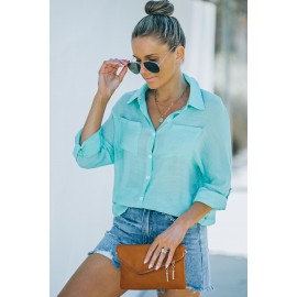 Green Loose Long Sleeve Buttoned Shirt with Pocket