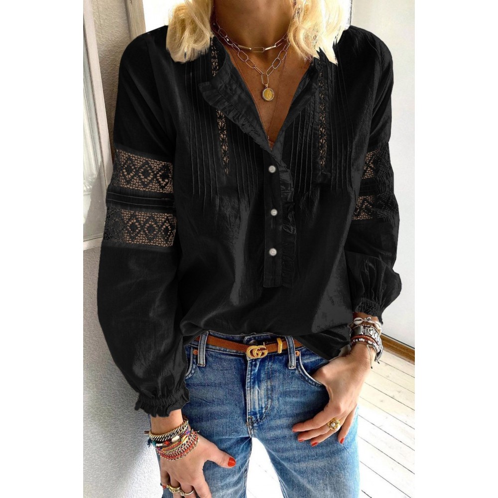 Black Lace Crochet Button-up Long Sleeve Shirt