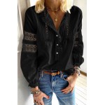 Black Lace Crochet Button-up Long Sleeve Shirt