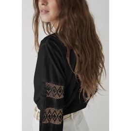 Black Lace Crochet Button-up Long Sleeve Shirt