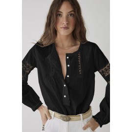 Black Lace Crochet Button-up Long Sleeve Shirt