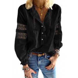 Black Lace Crochet Button-up Long Sleeve Shirt