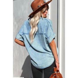 Sky Blue Denim Buttoned Short Sleeve Shirt with Pocket