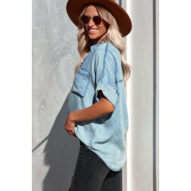 Sky Blue Denim Buttoned Short Sleeve Shirt with Pocket