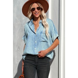 Sky Blue Denim Buttoned Short Sleeve Shirt with Pocket