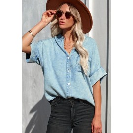 Sky Blue Denim Buttoned Short Sleeve Shirt with Pocket