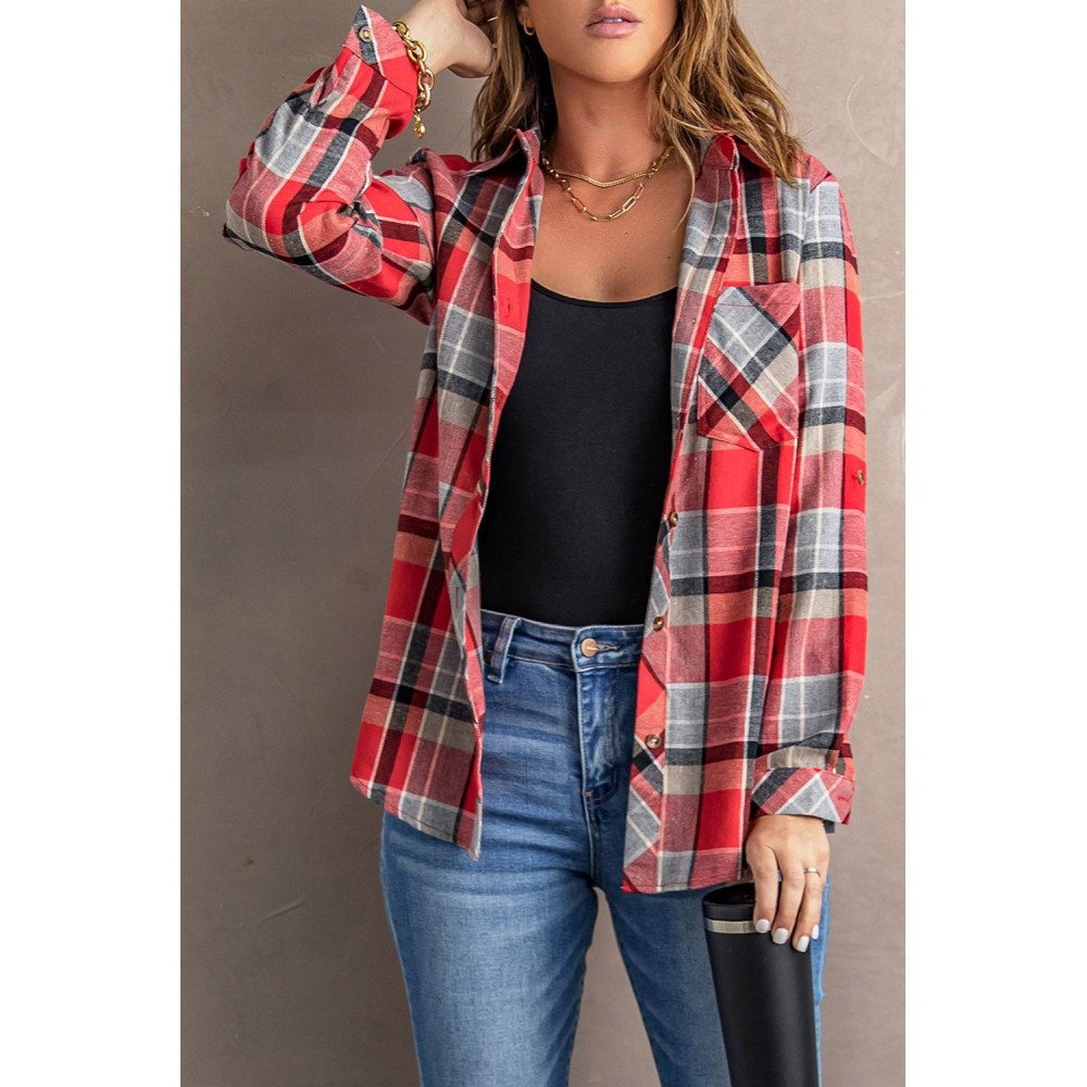 Red Plaid Button Blouse with Pocket