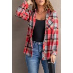 Red Plaid Button Blouse with Pocket