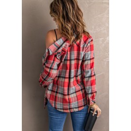 Red Plaid Button Blouse with Pocket