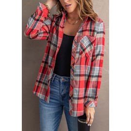 Red Plaid Button Blouse with Pocket