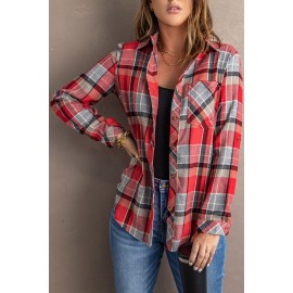 Red Plaid Button Blouse with Pocket