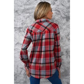 Red Plaid Button Blouse with Pocket