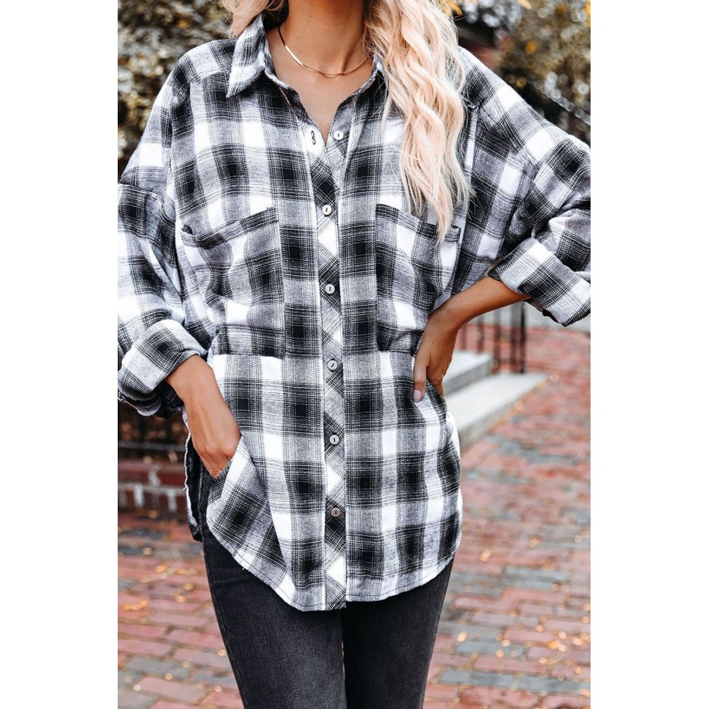 Black Cotton Blend Plaid Buttoned Shirt with Bust Pockets