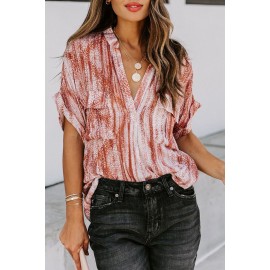 Orange Printed Pocket Short Sleeve Blouse