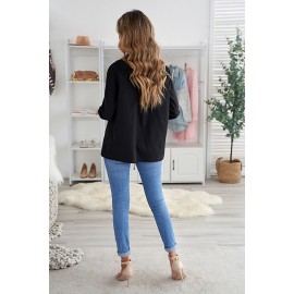 Black Plain Pleated Bust Cuffed Sleeves Shirt