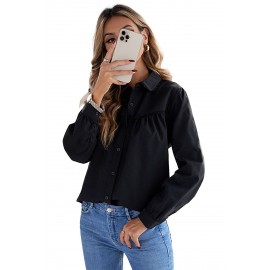 Black Plain Pleated Bust Cuffed Sleeves Shirt